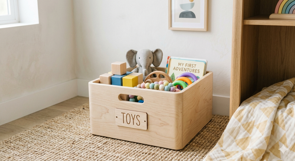 Wooden toy box filled with soft toys, blocks and board books